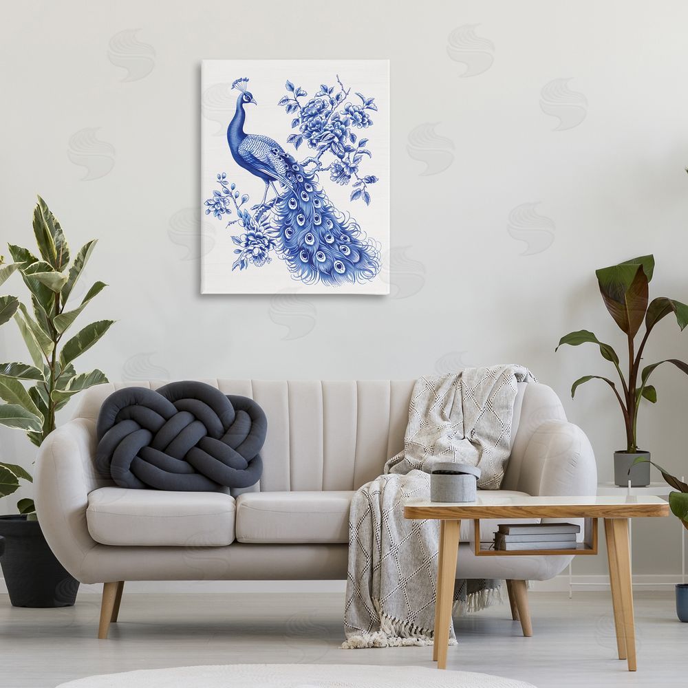 Lettered and Lined Vintage Peacock in Toile Style Stretched Canvas Wall Art Print in Room