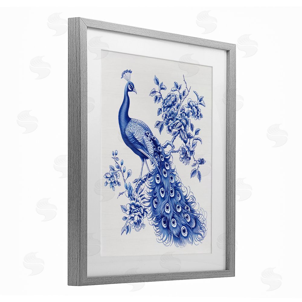 Lettered and Lined Vintage Peacock in Toile Style Gray Framed Print Under Glass Wall Art