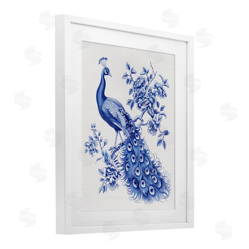 Lettered and Lined Vintage Peacock in Toile Style White Framed Print Under Glass Wall Art