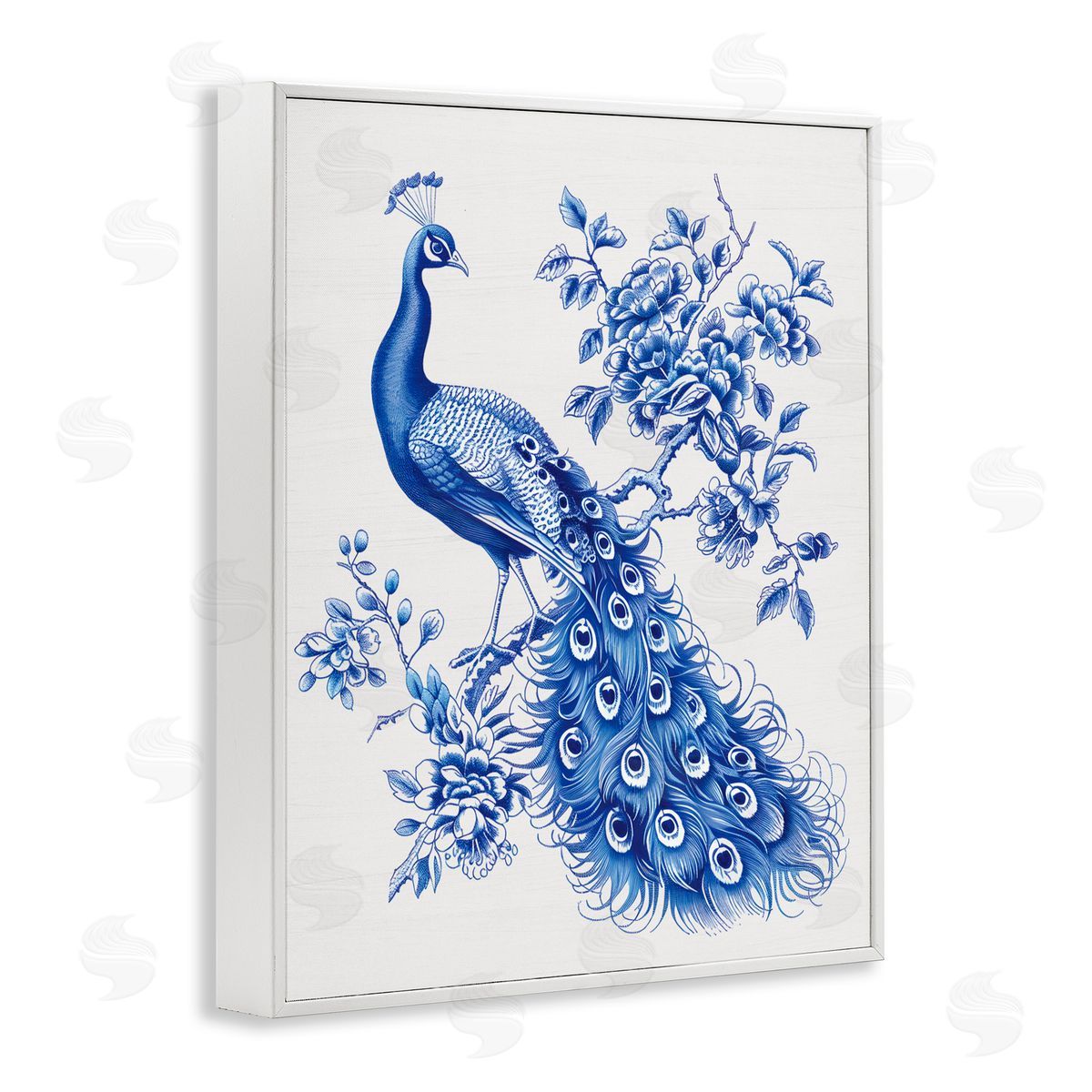 Lettered and Lined Vintage Peacock in Toile Style White Framed Giclee Print Wall Art