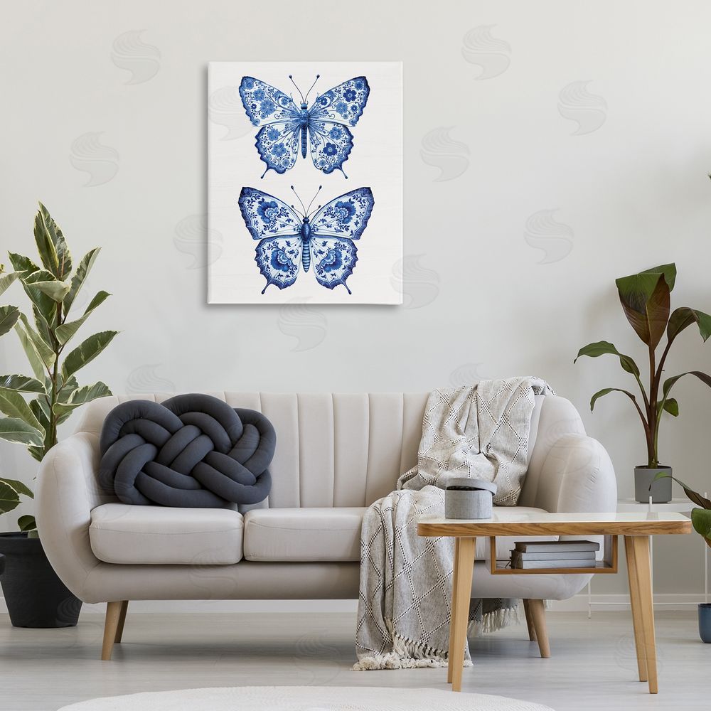 Lettered and Lined Ornate Toile Pattern Butterflies Stretched Canvas Wall Art Print in Room