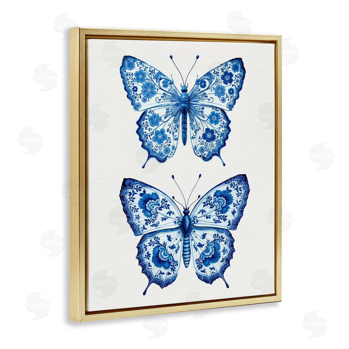 Lettered and Lined Ornate Toile Pattern Butterflies Gold Floating Frame Canvas Wall Art Print