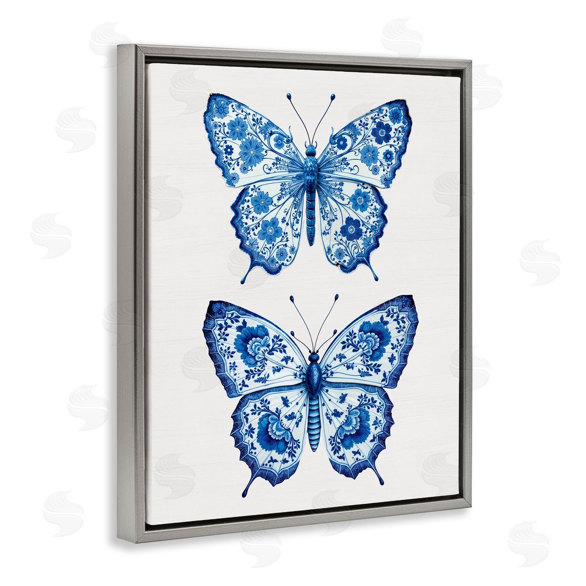 Lettered and Lined Ornate Toile Pattern Butterflies Gray Floating Frame Canvas Wall Art Print