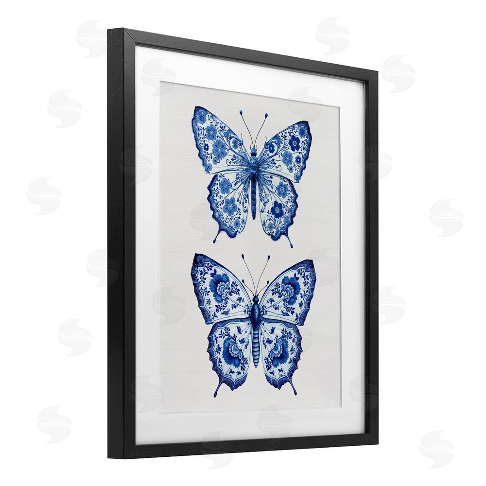 Lettered and Lined Ornate Toile Pattern Butterflies Black Framed Print Under Glass Wall Art
