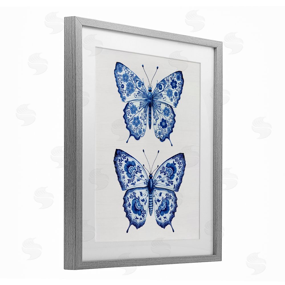 Lettered and Lined Ornate Toile Pattern Butterflies Gray Framed Print Under Glass Wall Art