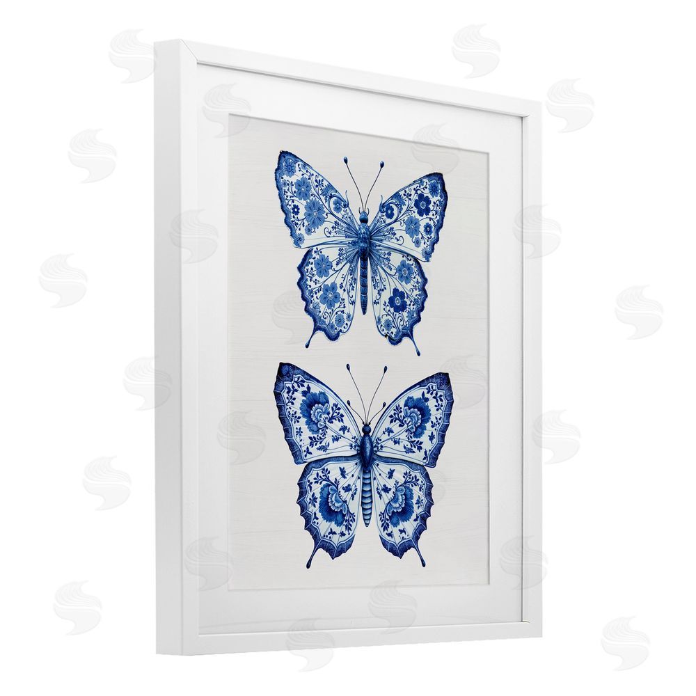 Lettered and Lined Ornate Toile Pattern Butterflies White Framed Print Under Glass Wall Art