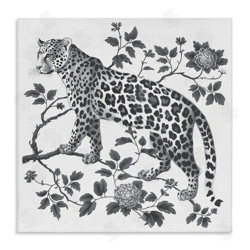 Lettered and Lined Monochrome Detail Leopard Stretched Canvas Wall Art Print