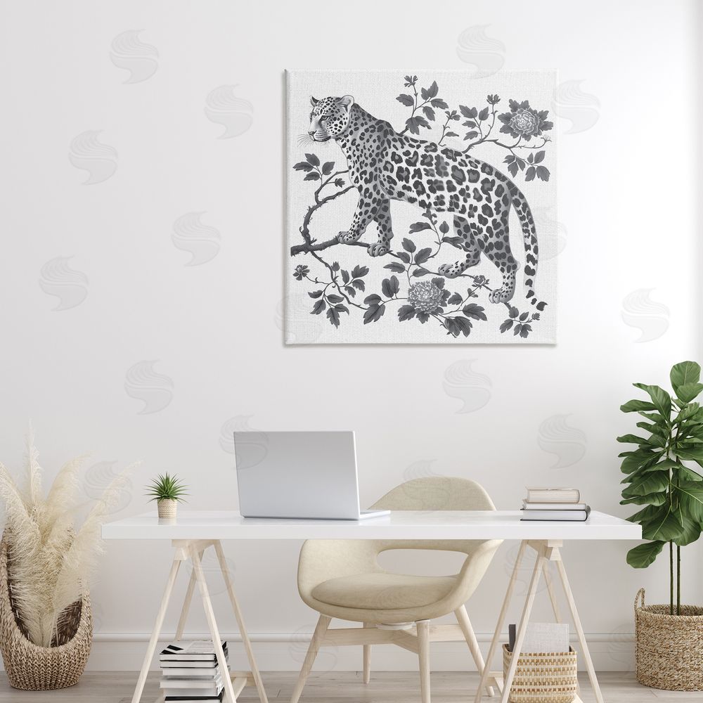 Lettered and Lined Monochrome Detail Leopard Stretched Canvas Wall Art Print in Room