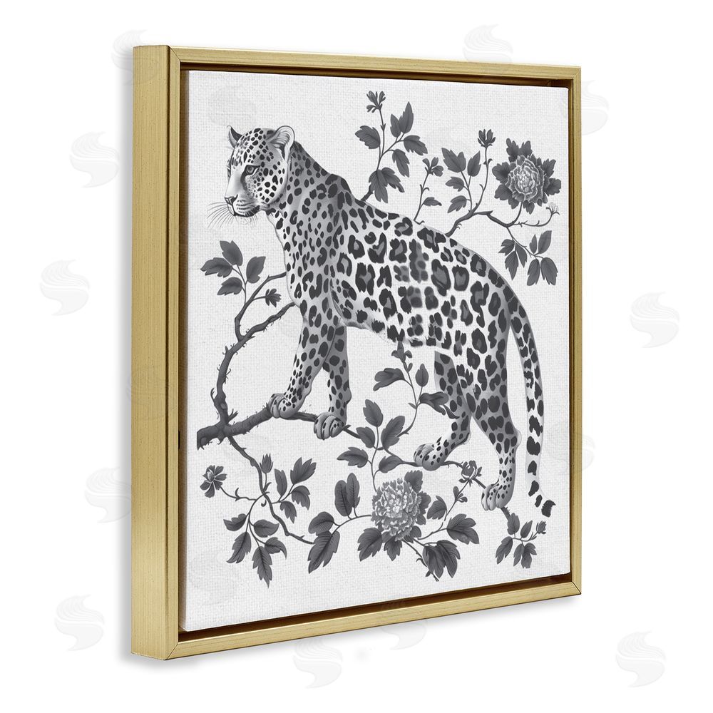 Lettered and Lined Monochrome Detail Leopard Gold Floating Frame Canvas Wall Art Print