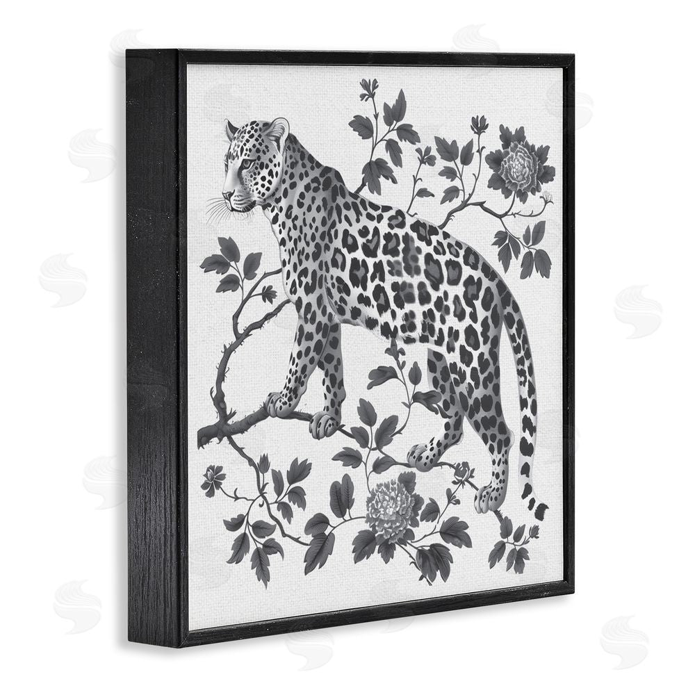 Lettered and Lined Monochrome Detail Leopard Black Framed Giclee Print Wall Art