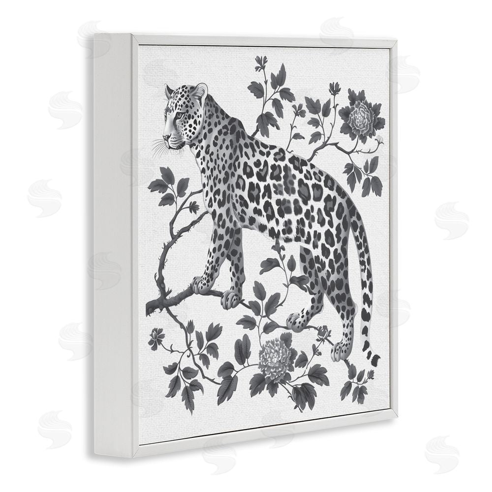 Lettered and Lined Monochrome Detail Leopard White Framed Giclee Print Wall Art