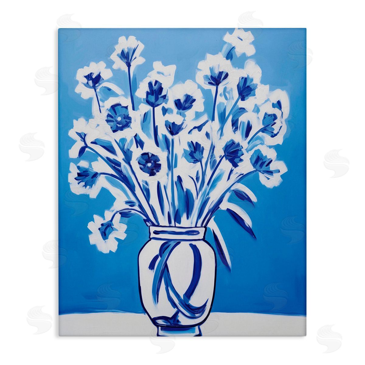 Lettered and Lined Blue & White Contrast Flowers Stretched Canvas Wall Art Print