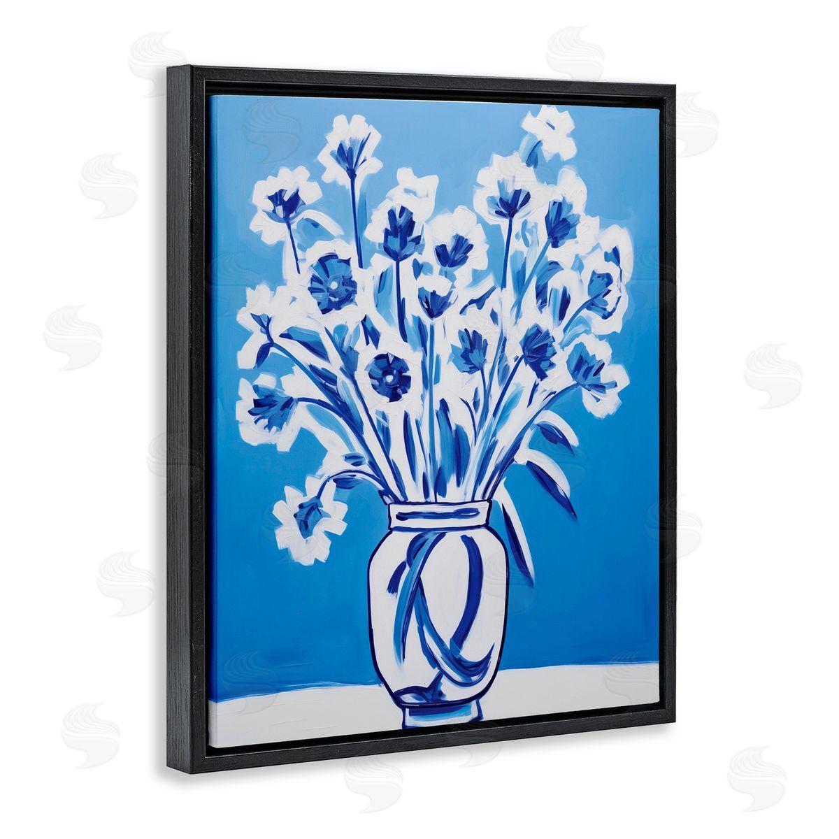 Lettered and Lined Blue & White Contrast Flowers Black Floating Frame Canvas Wall Art Print