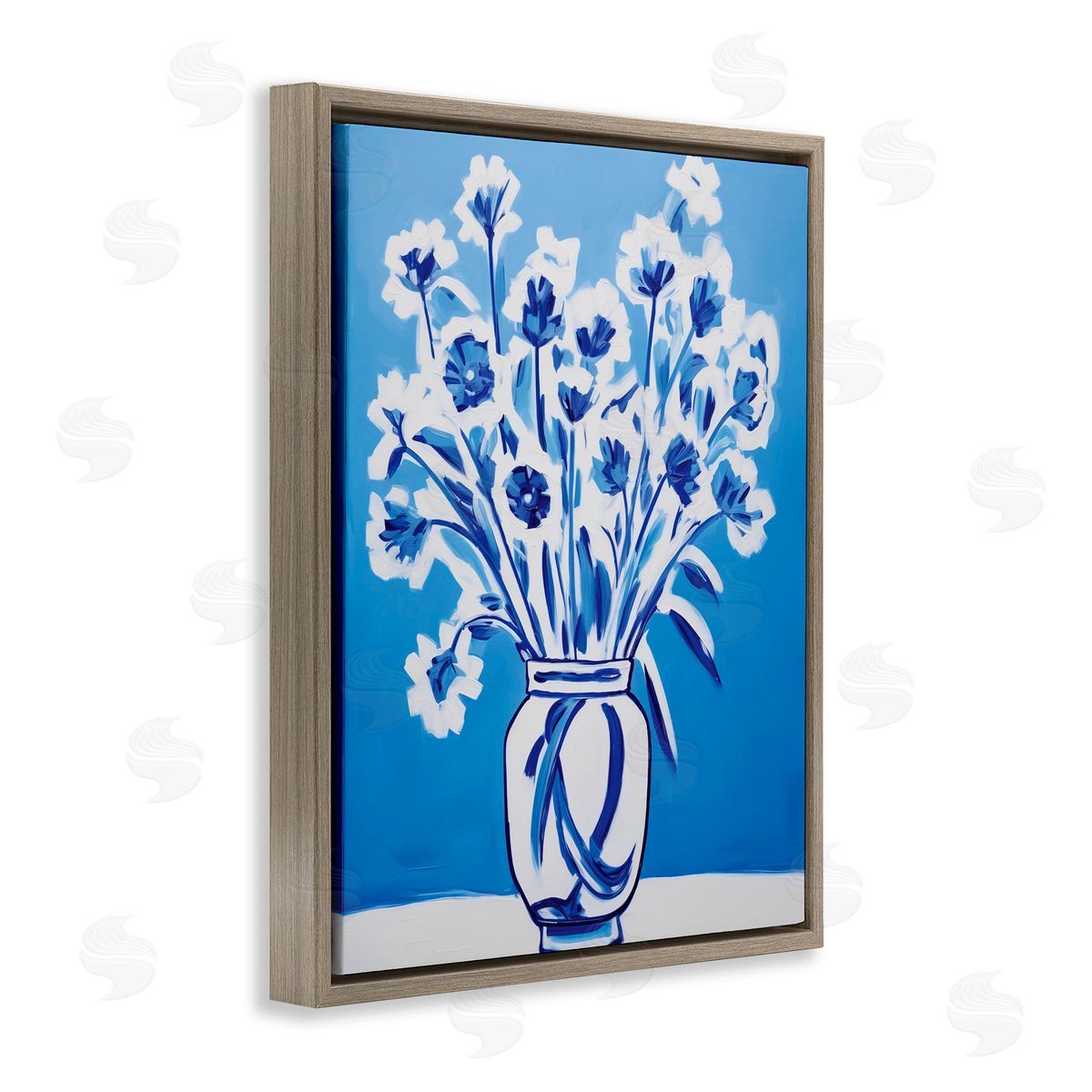 Lettered and Lined Blue & White Contrast Flowers Brown Floating Frame Canvas Wall Art Print