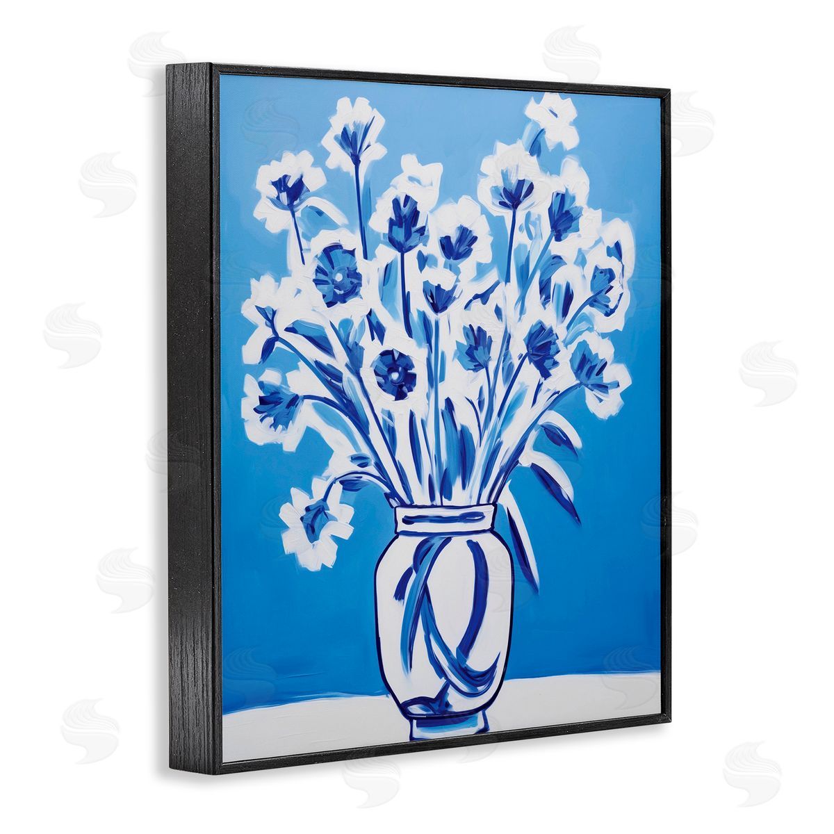 Lettered and Lined Blue & White Contrast Flowers Black Framed Giclee Print Wall Art
