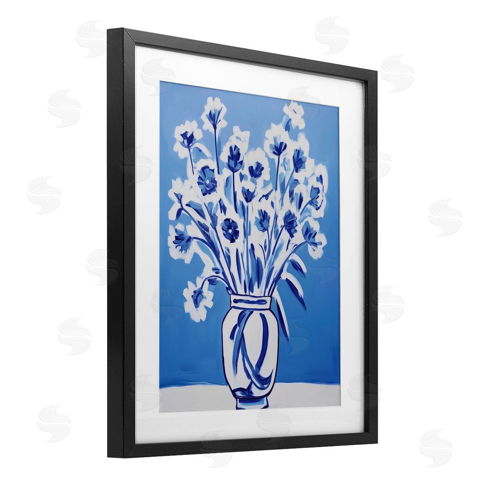 Lettered and Lined Blue & White Contrast Flowers Black Framed Print Under Glass Wall Art