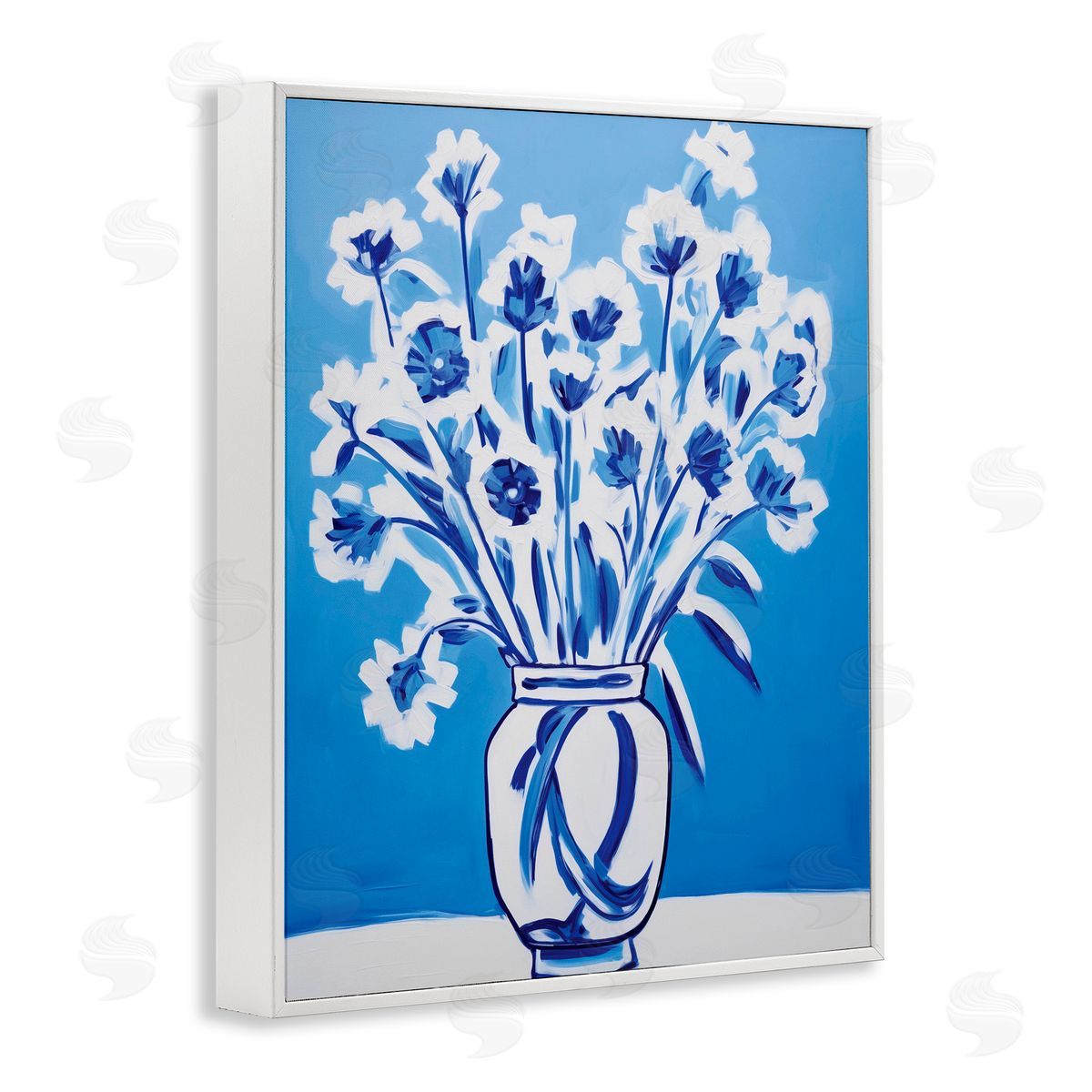Lettered and Lined Blue & White Contrast Flowers White Framed Giclee Print Wall Art