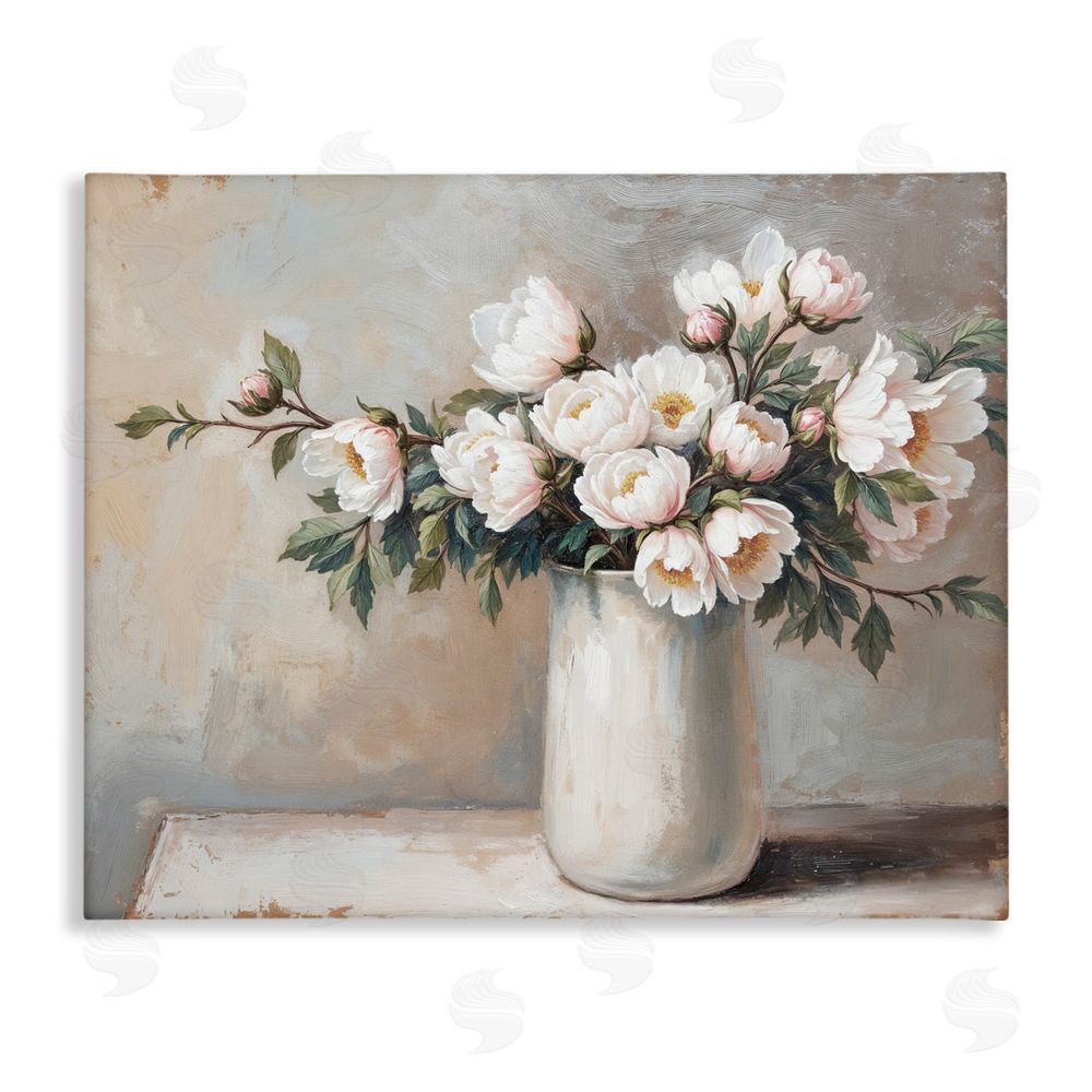 Lettered and Lined White Flowers in Vase Still Life Stretched Canvas Wall Art Print