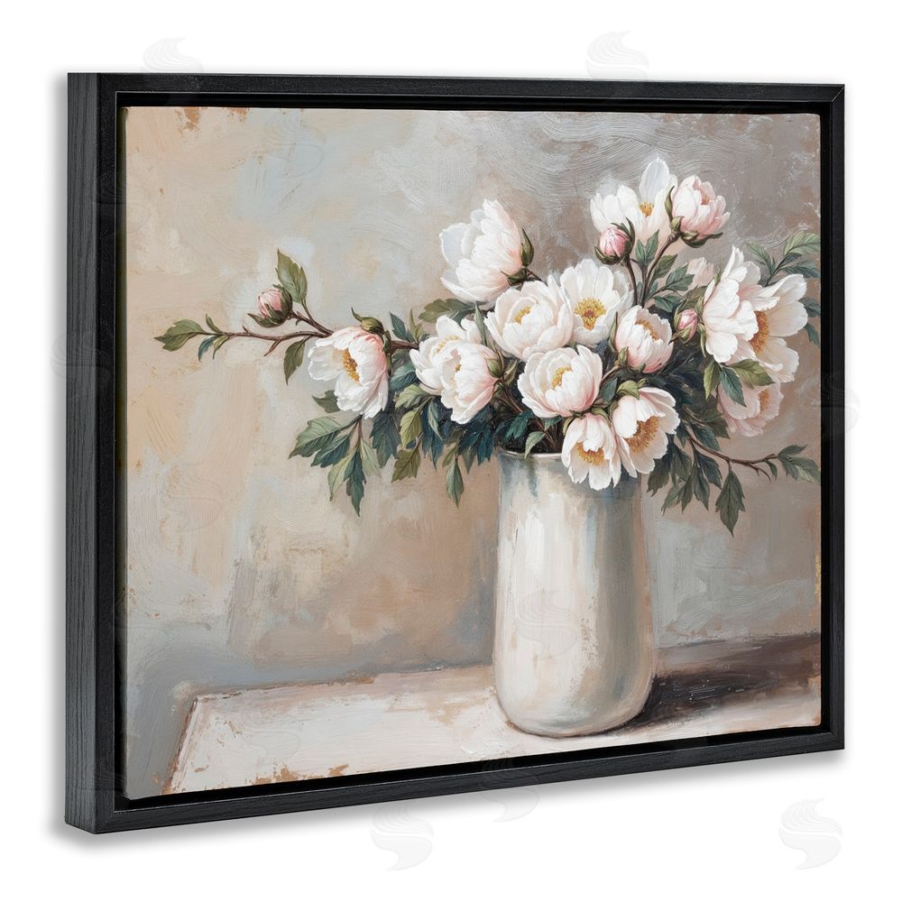 Lettered and Lined White Flowers in Vase Still Life Black Floating Frame Canvas Wall Art Print