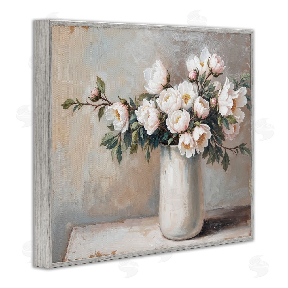 Lettered and Lined White Flowers in Vase Still Life Gray Framed Giclee Print Wall Art