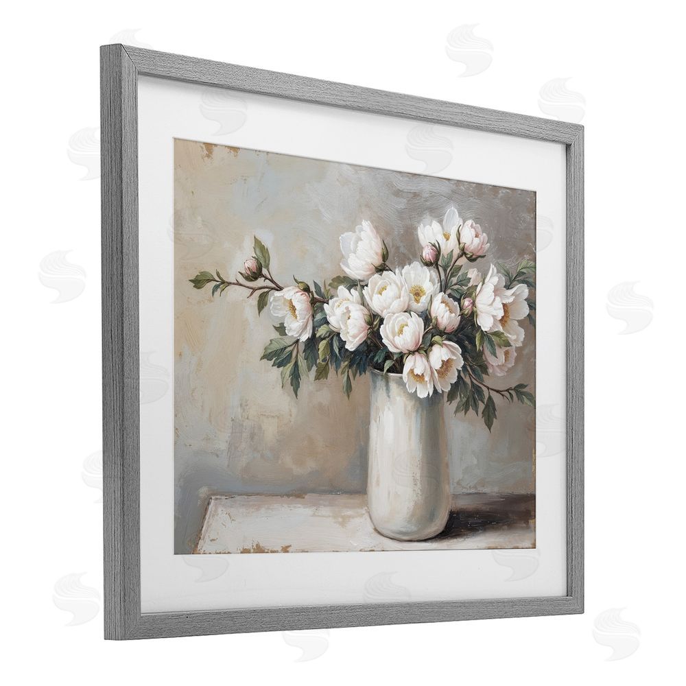 Lettered and Lined White Flowers in Vase Still Life Gray Framed Print Under Glass Wall Art
