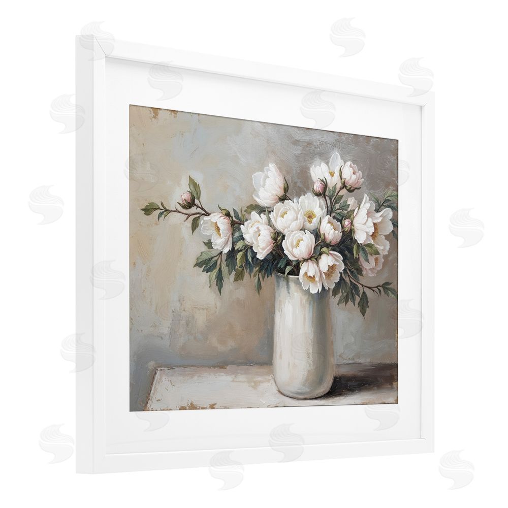 Lettered and Lined White Flowers in Vase Still Life White Framed Print Under Glass Wall Art
