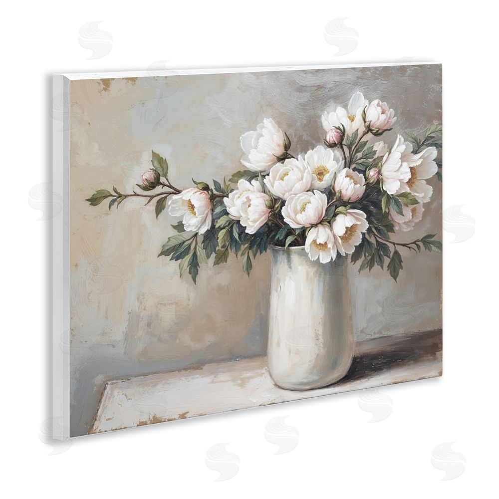 Lettered and Lined White Flowers in Vase Still Life Wooden Wall Plaque Art Print