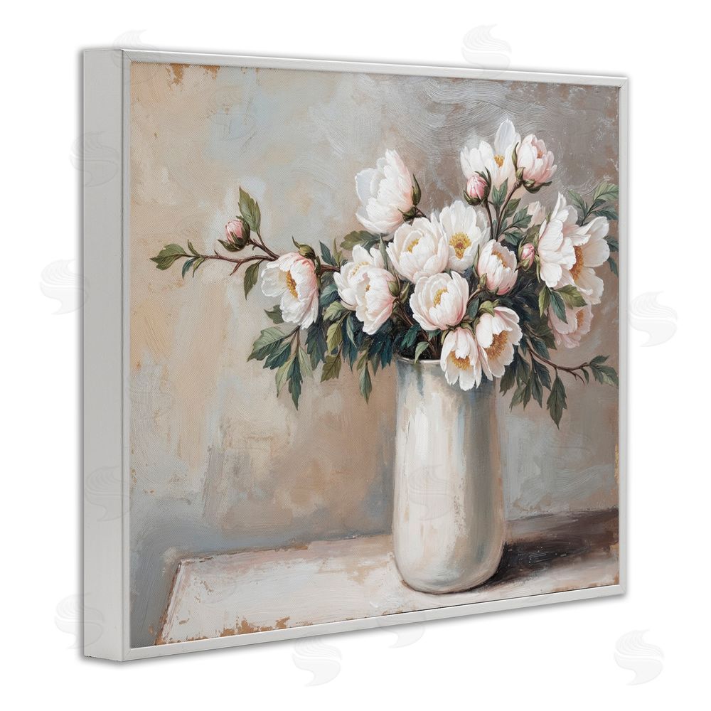 Lettered and Lined White Flowers in Vase Still Life White Framed Giclee Print Wall Art