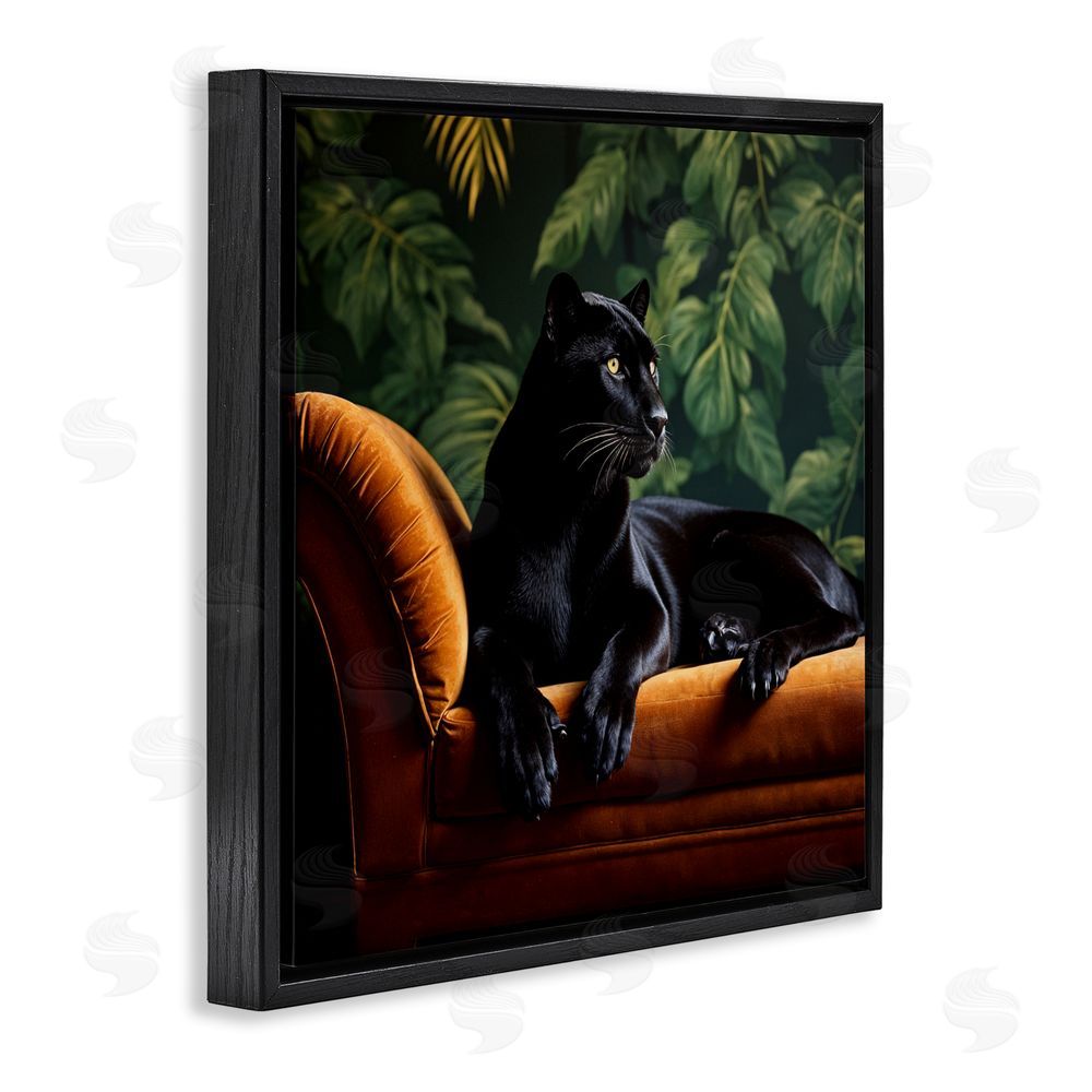 Lettered and Lined Majestic Panther on Chaise Black Floating Frame Canvas Wall Art Print