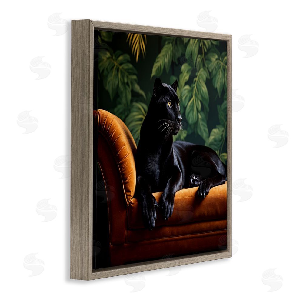 Lettered and Lined Majestic Panther on Chaise Brown Floating Frame Canvas Wall Art Print