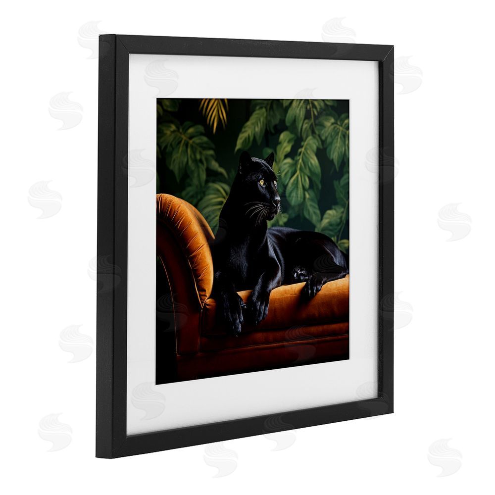 Lettered and Lined Majestic Panther on Chaise Black Framed Print Under Glass Wall Art