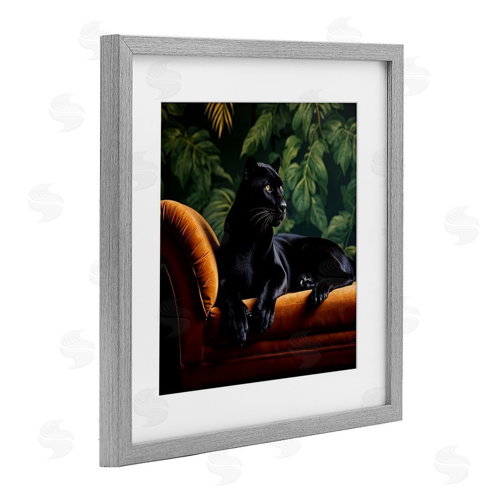 Lettered and Lined Majestic Panther on Chaise Gray Framed Print Under Glass Wall Art