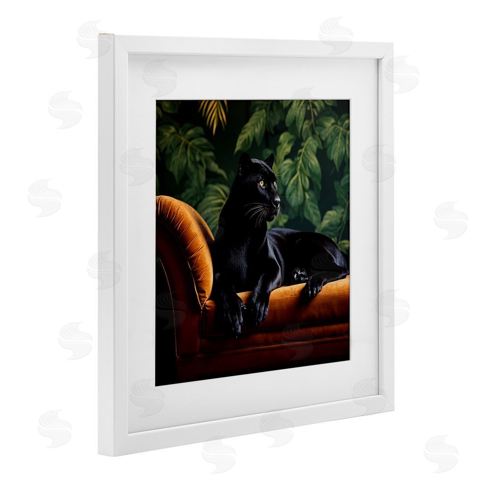 Lettered and Lined Majestic Panther on Chaise White Framed Print Under Glass Wall Art