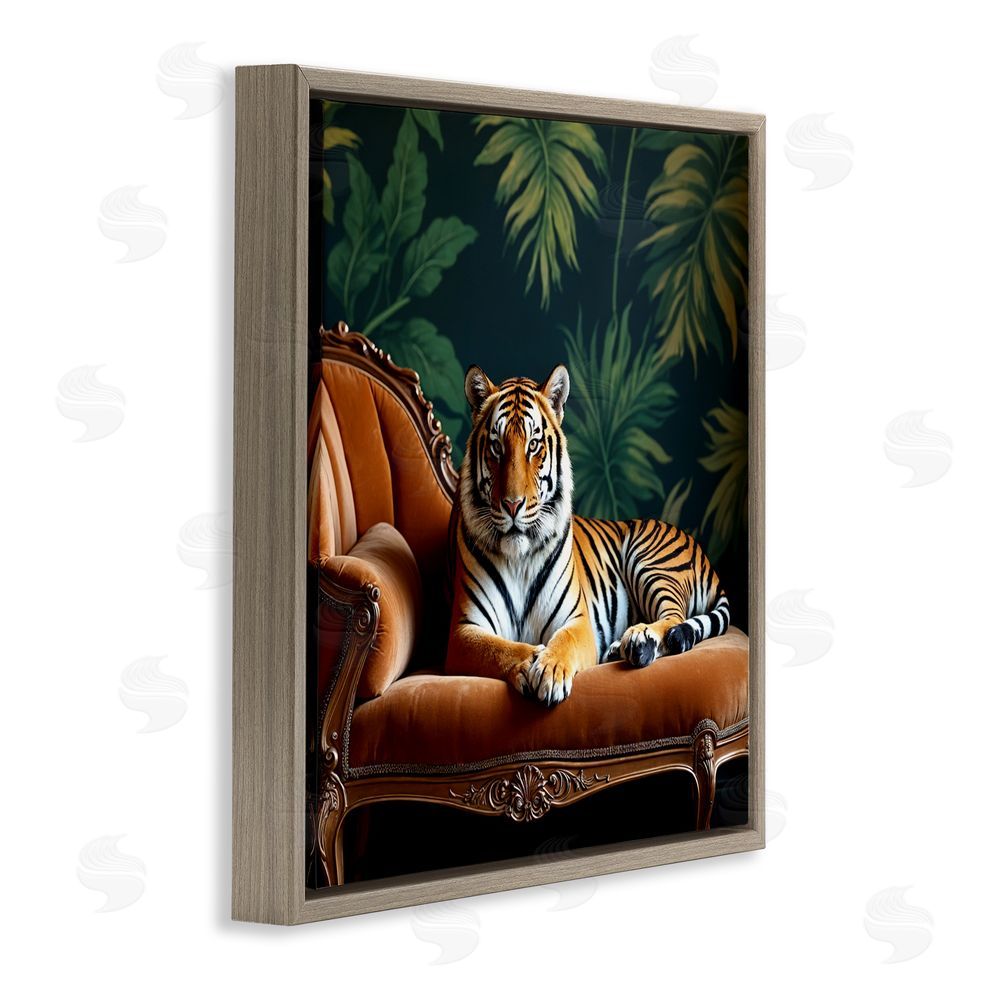 Lettered and Lined Tiger Lounging on Chaise Brown Floating Frame Canvas Wall Art Print