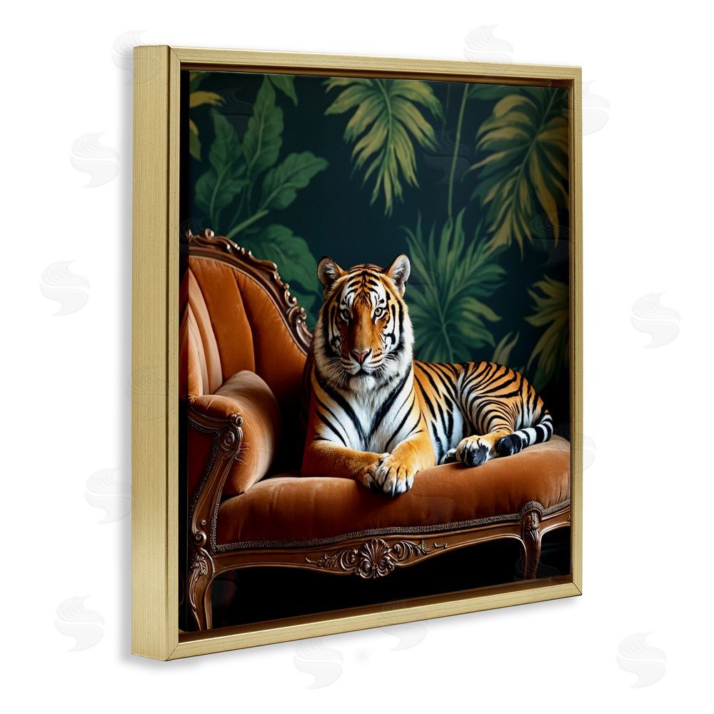 Lettered and Lined Tiger Lounging on Chaise Gold Floating Frame Canvas Wall Art Print