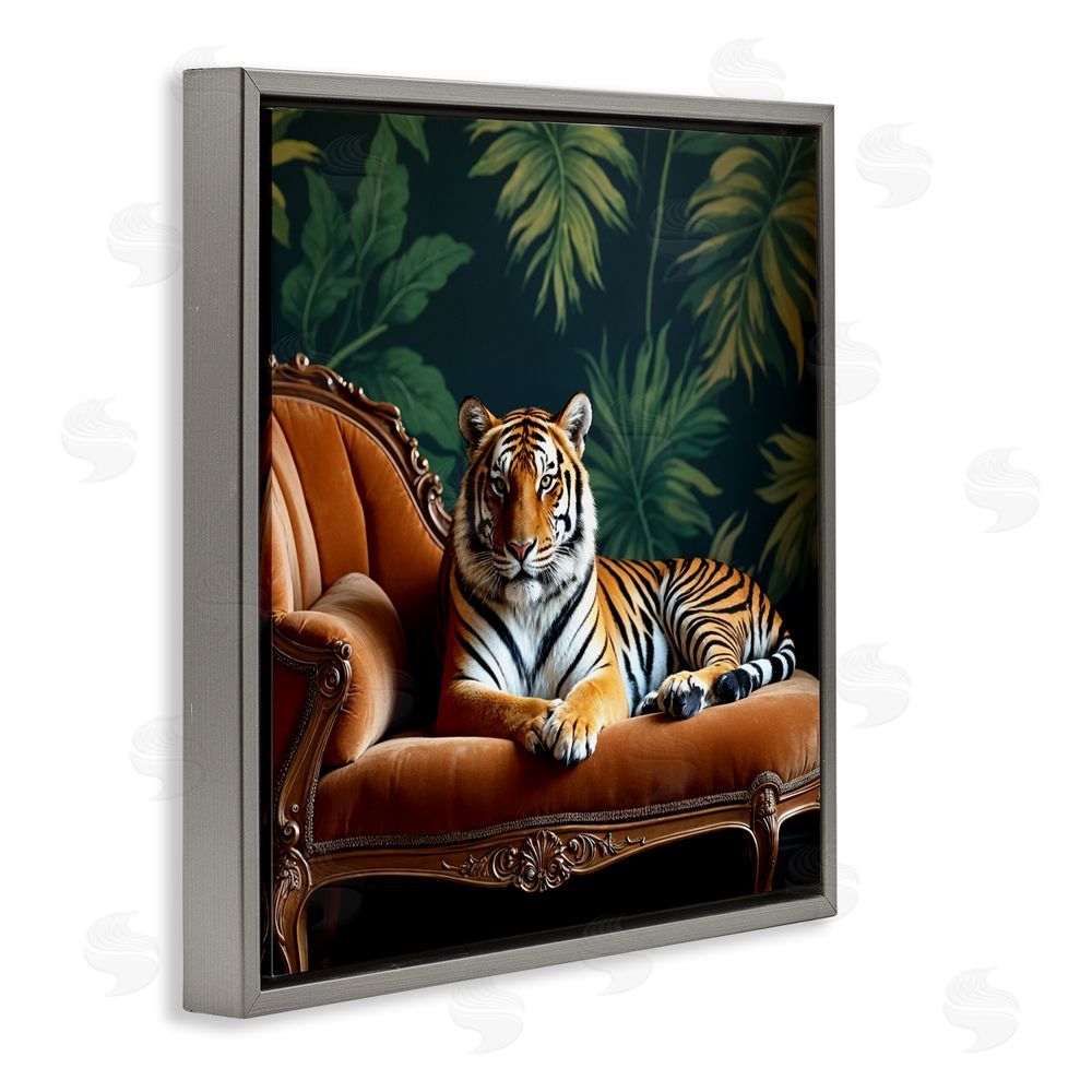 Lettered and Lined Tiger Lounging on Chaise Gray Floating Frame Canvas Wall Art Print