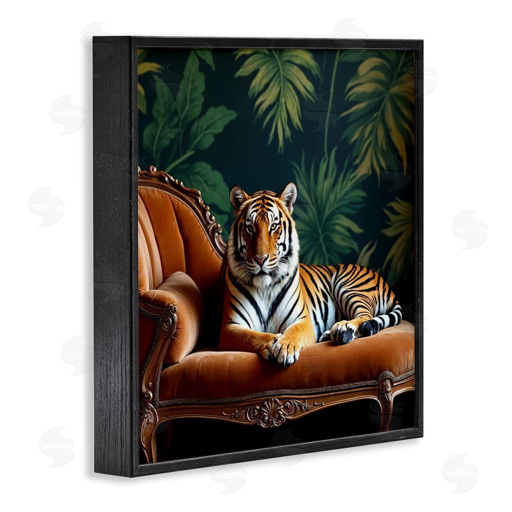Lettered and Lined Tiger Lounging on Chaise Black Framed Giclee Print Wall Art