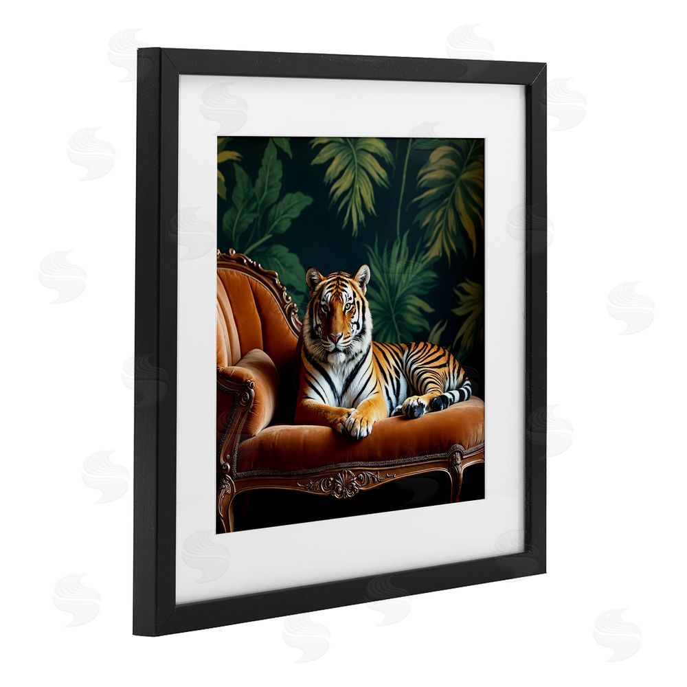 Lettered and Lined Tiger Lounging on Chaise Black Framed Print Under Glass Wall Art