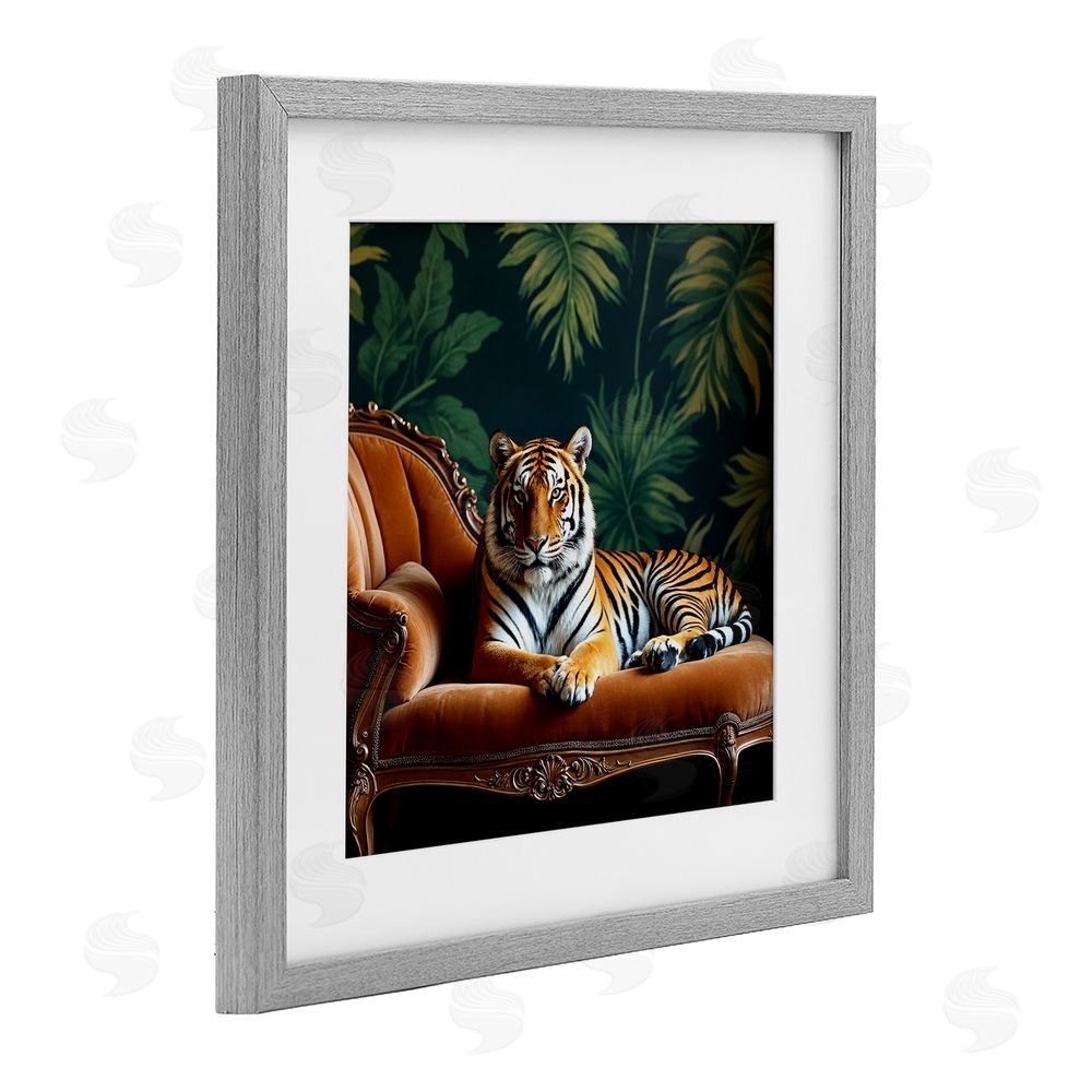 Lettered and Lined Tiger Lounging on Chaise Gray Framed Print Under Glass Wall Art