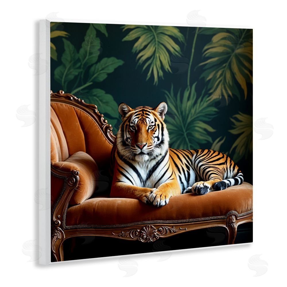 Lettered and Lined Tiger Lounging on Chaise Wooden Wall Plaque Art Print