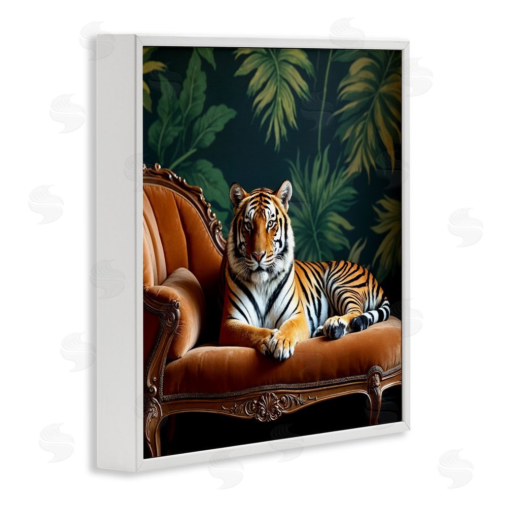 Lettered and Lined Tiger Lounging on Chaise White Framed Giclee Print Wall Art