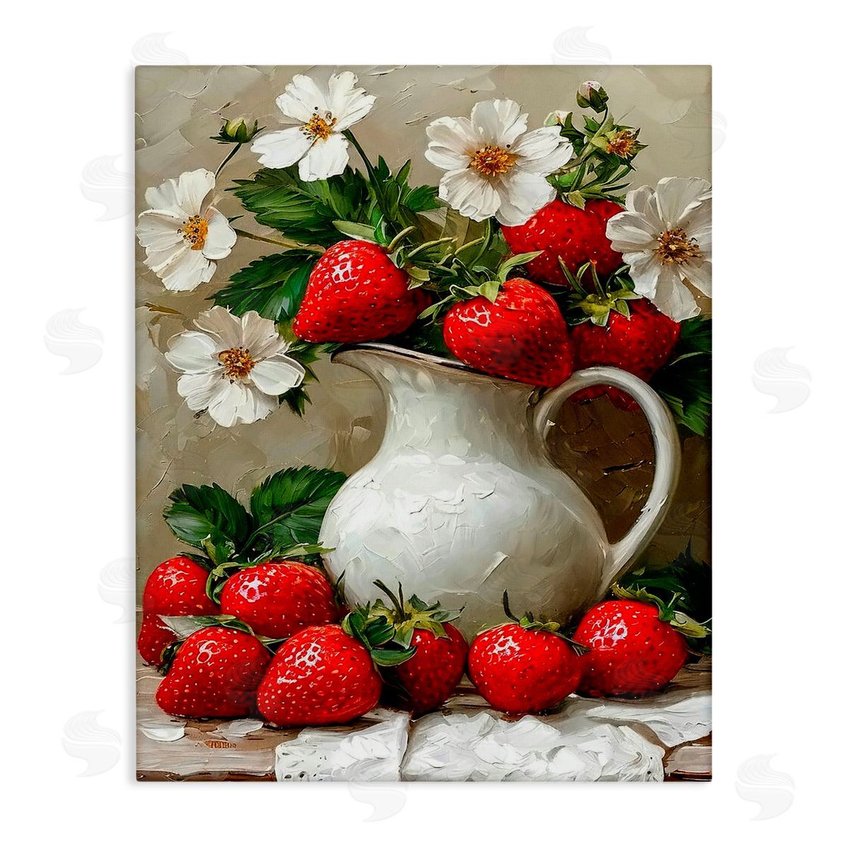 Lettered and Lined Painterly Strawberries Still Life Stretched Canvas Wall Art Print