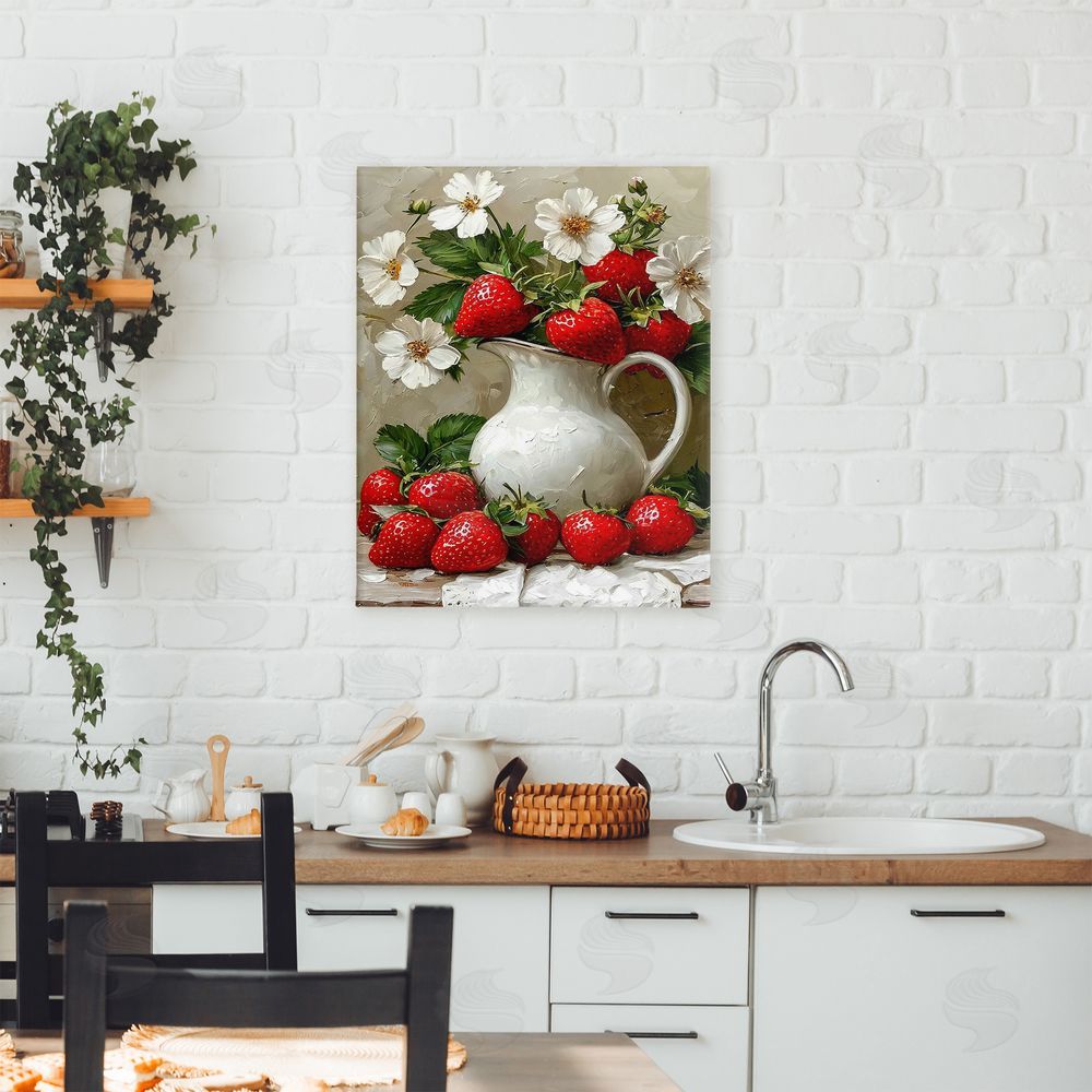 Lettered and Lined Painterly Strawberries Still Life Stretched Canvas Wall Art Print in Room