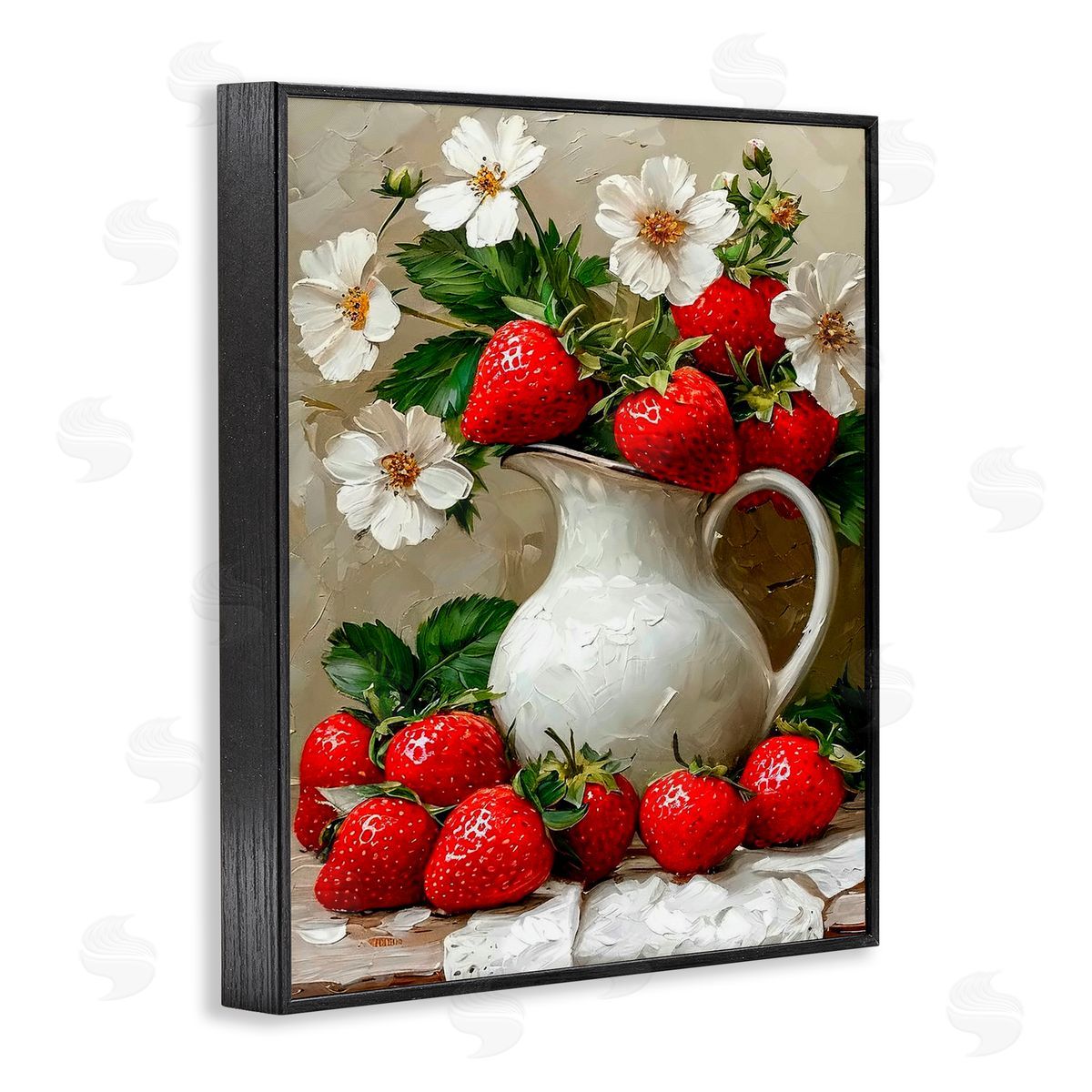 Lettered and Lined Painterly Strawberries Still Life Black Framed Giclee Print Wall Art