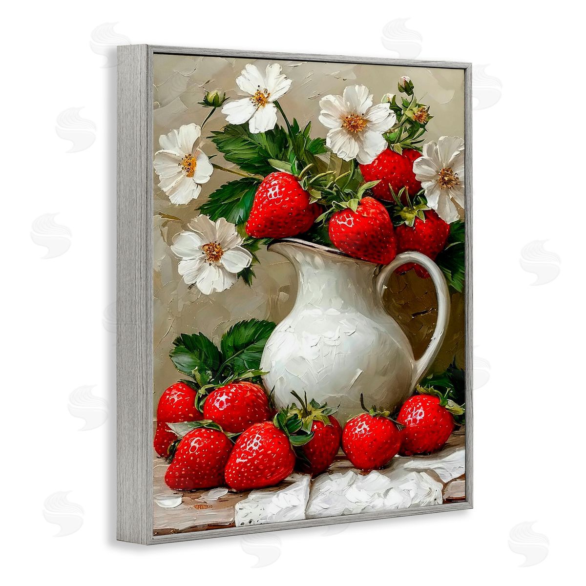 Lettered and Lined Painterly Strawberries Still Life Gray Framed Giclee Print Wall Art