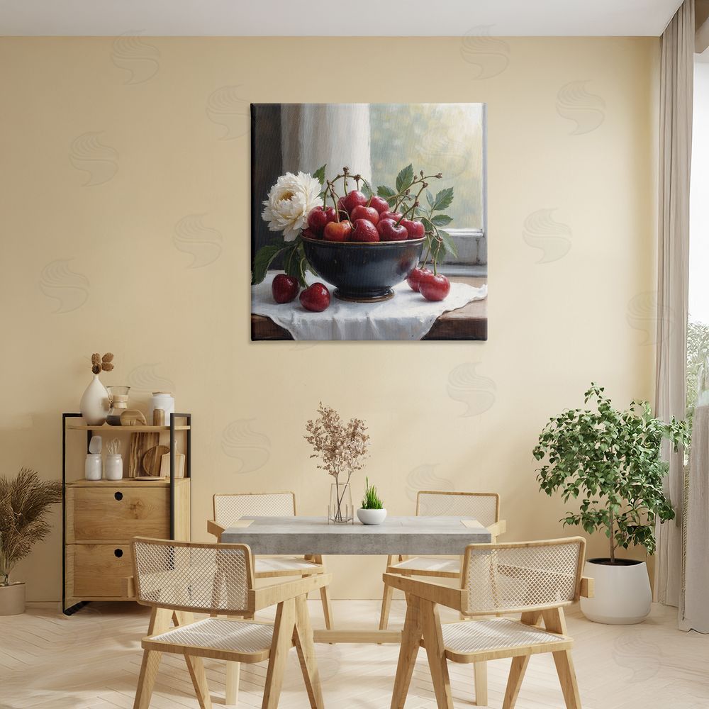 Lettered and Lined Cherry & Blossom Still Life Stretched Canvas Wall Art Print in Room