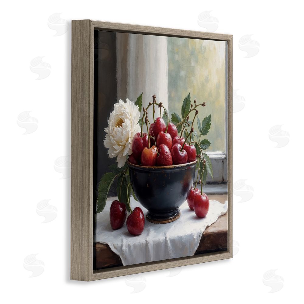 Lettered and Lined Cherry & Blossom Still Life Brown Floating Frame Canvas Wall Art Print