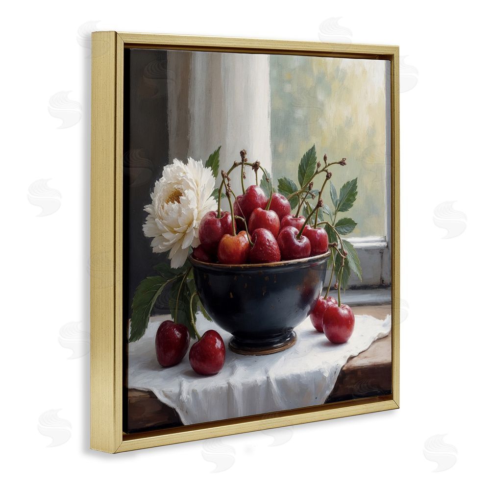 Lettered and Lined Cherry & Blossom Still Life Gold Floating Frame Canvas Wall Art Print