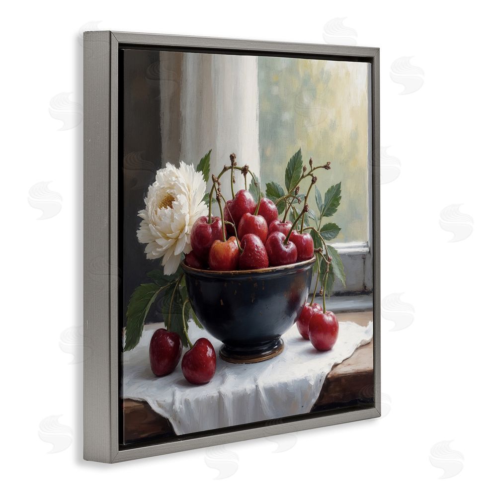 Lettered and Lined Cherry & Blossom Still Life Gray Floating Frame Canvas Wall Art Print