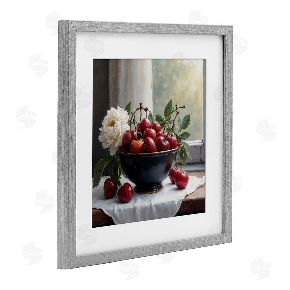 Lettered and Lined Cherry & Blossom Still Life Gray Framed Print Under Glass Wall Art